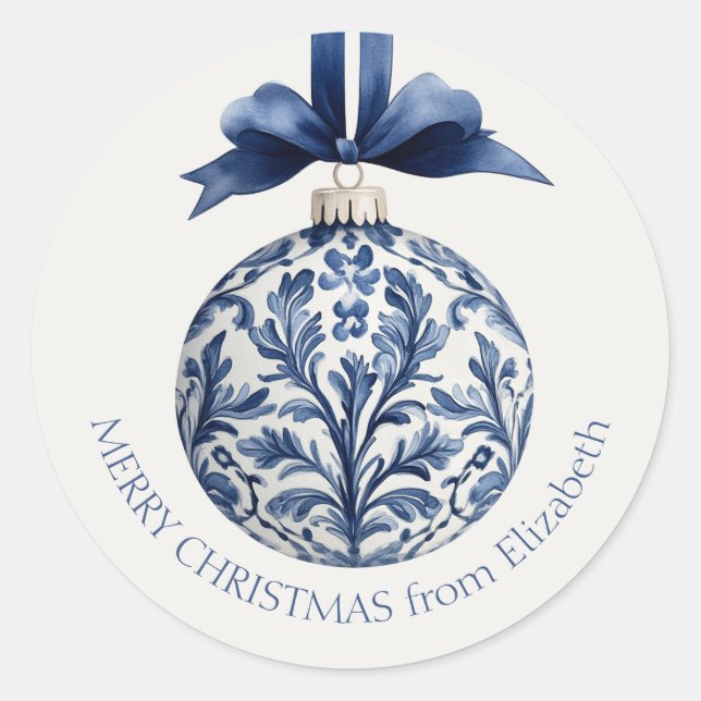Navy Blue and White Chinoiserie Weihnachtsschmuck Runder Aufkleber (Vorderseite)