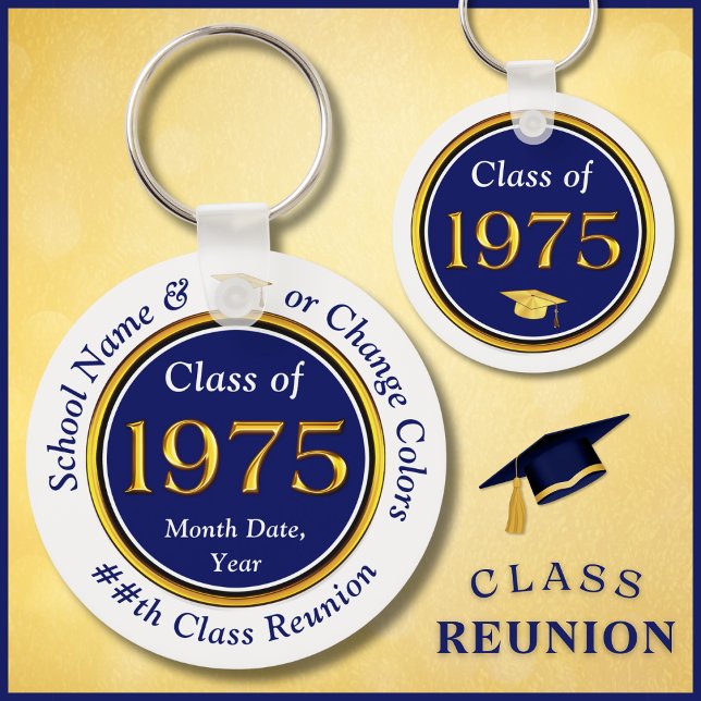 Navy Blue and White, Class of 1975 Wiedersehen, Fa Schlüsselanhänger (Navy Blue and Gold, Class of 75 Reunion. 50th high school reunion. Cheap 50th class reunion favors.)