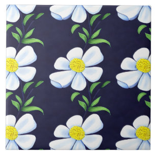 Navy Blue and White Floral Muster Fliese