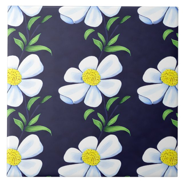 Navy Blue and White Floral Muster Fliese (Vorderseite)