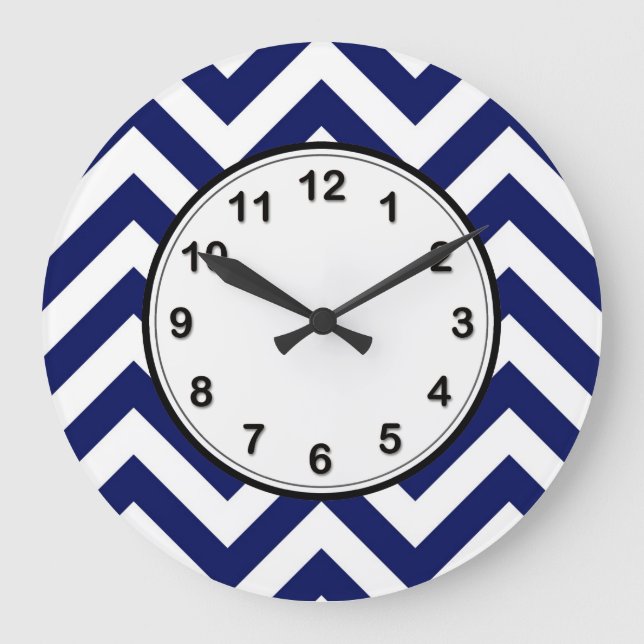 Navy Blue and White Large Zickzack ZigZag Muster Große Wanduhr (Vorderseite)