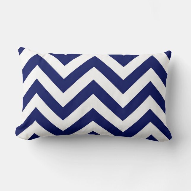 Navy Blue and White Large Zickzack ZigZag Muster Lendenkissen (Vorderseite)