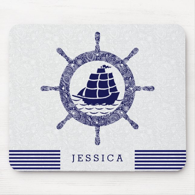 Navy Blue and White Nautical Boat Wheel Mousepad (Vorne)
