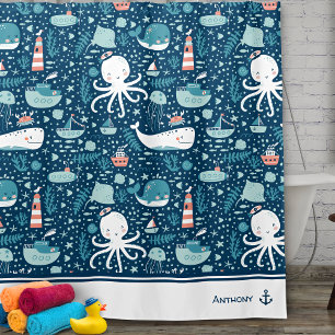 Navy Blue and White Nautical Muster Boy Bad Duschvorhang