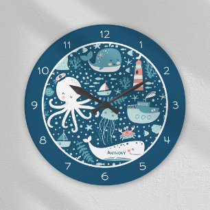 Navy Blue and White Nautical Ocean Pattern Boy Große Wanduhr