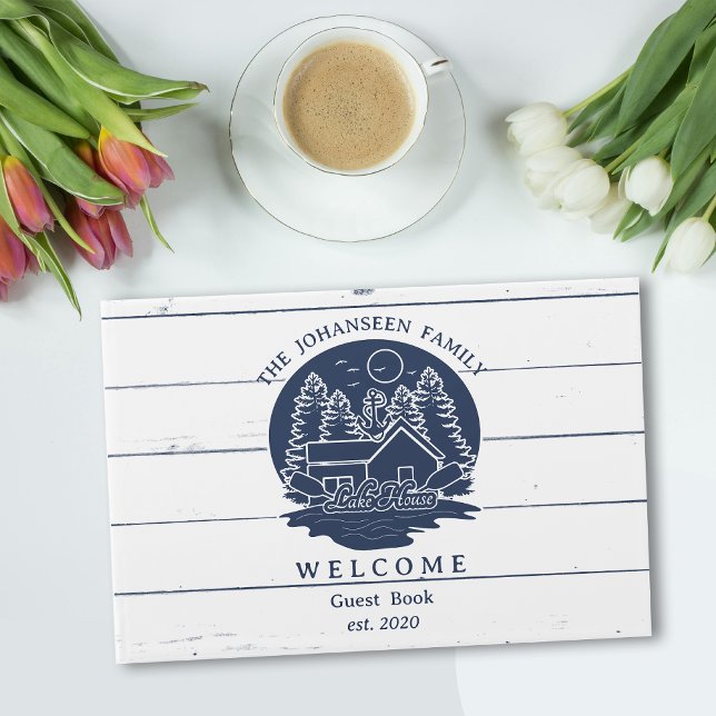 Navy Blue and White Rustic Wood Lake House Family Gästebuch (Von Creator hochgeladen)