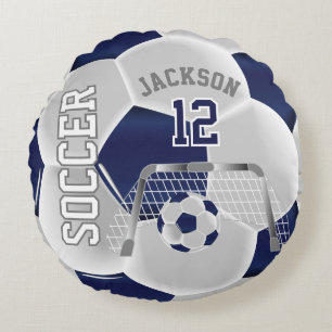 Navy Blue and White Soccer   DIY Name Rundes Kissen