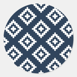 Navy Blue and White, Tribal, Aztec Runder Aufkleber