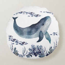 Navy Blue and White Whale Nautic Rundes Kissen