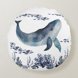 Navy Blue and White Whale Nautic Rundes Kissen