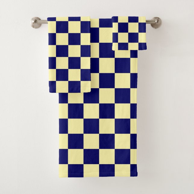 Navy Blue and Yellow Checkerboard Pattern Badhandtuch Set (Insitu)