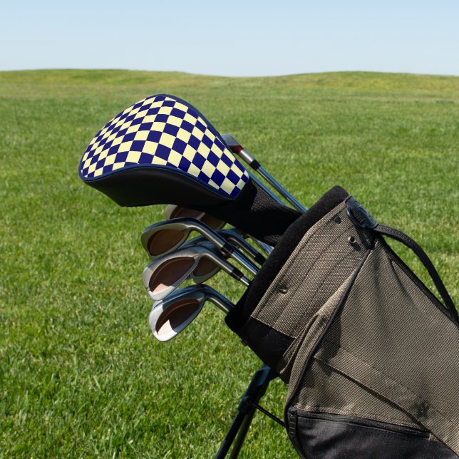 Navy Blue and Yellow Checkerboard Pattern Golf Headcover (In SItu)
