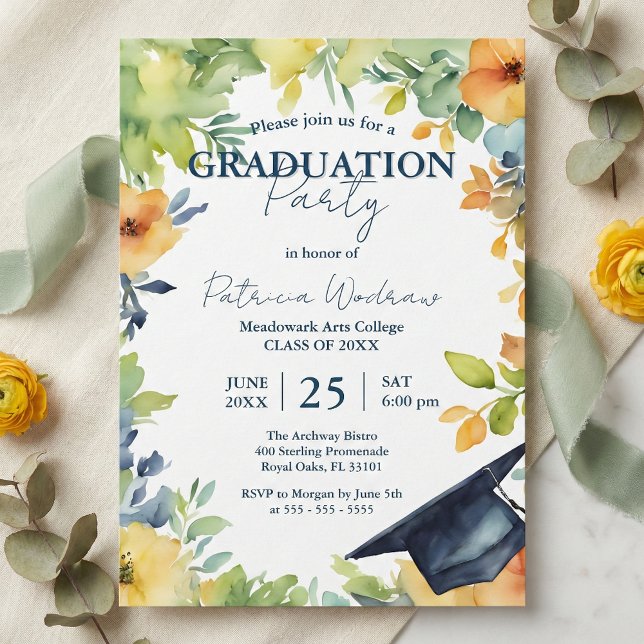Navy Blue And Yellow Watercolor Floral Graduation  Einladung (Von Creator hochgeladen)