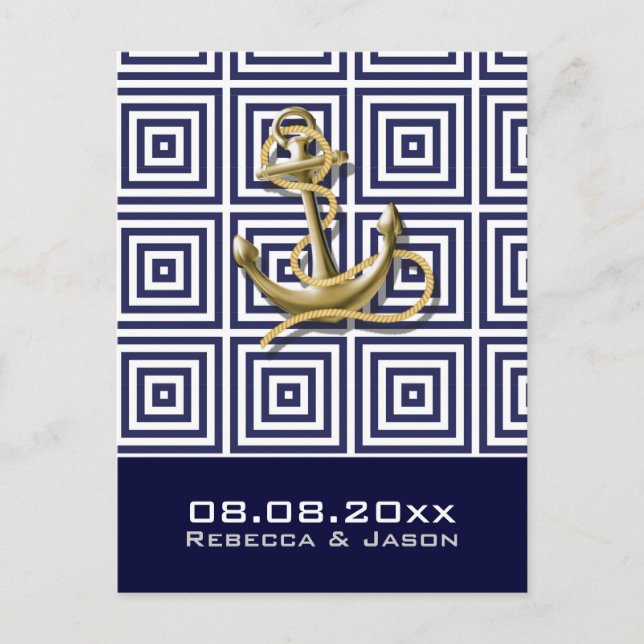 Navy Blue Anker nautische Hochzeit speichern das D Ankündigungspostkarte (Vorderseite)