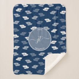 Navy Blue Antique Blätter Muster Monogram Sherpadecke