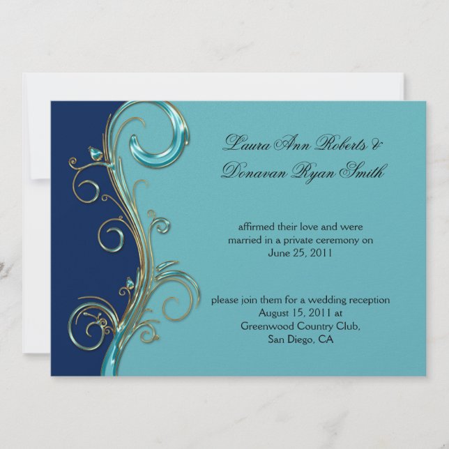 Navy Blue Aqua Gold Verziert Post Wedding Einladung (Vorderseite)
