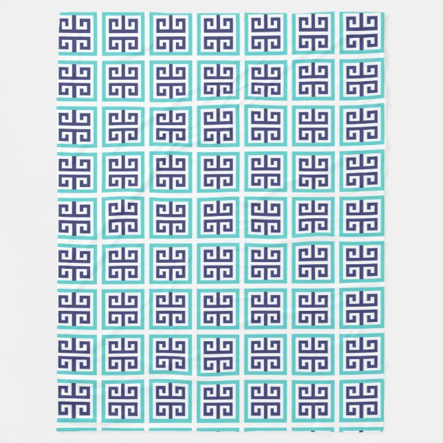 Navy Blue Aqua Griechisches Muster Fleecedecke (Vorderseite)