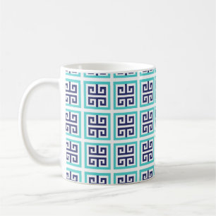 Navy Blue Aqua Griechisches Muster Kaffeetasse
