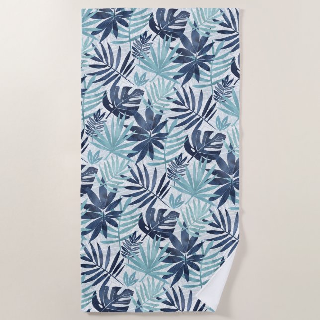 Navy Blue Aqua & White Palm Leaf Strandtuch (Vorderseite)
