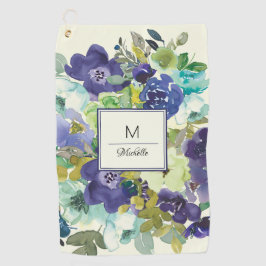 Navy Blue Aquamarin Lemon Yellow Floral Monogram Golfhandtuch