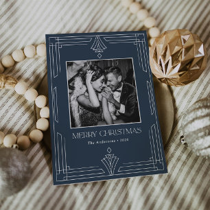 Navy-Blue Art Deco Modernes Foto-Weihnachten Feiertagskarte
