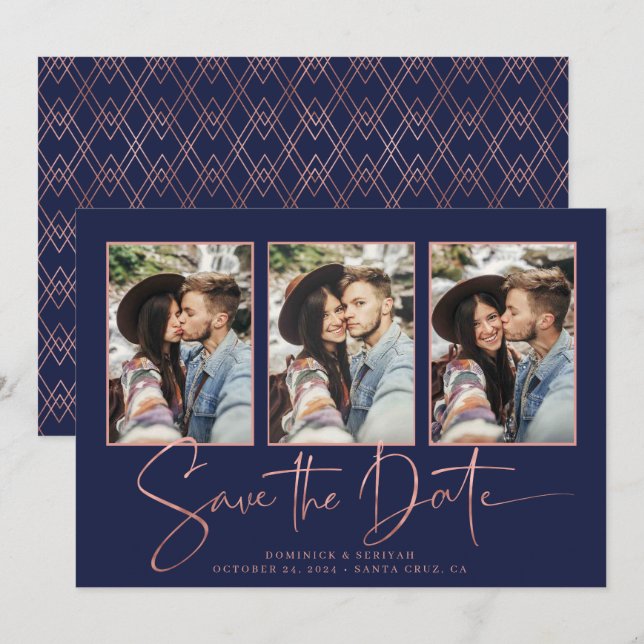 Navy Blue Art Deco Rose Gold Save the Date (Vorne/Hinten)