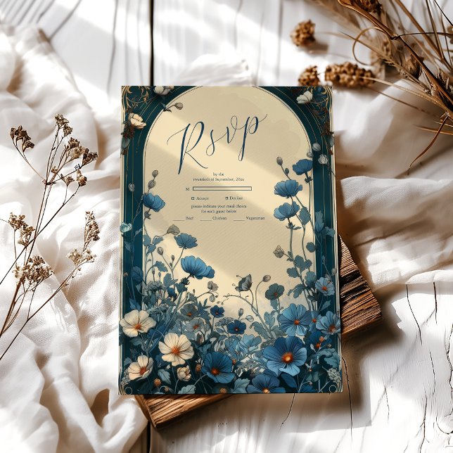 Navy Blue Art Nouveau Wedding RSVP Karte (Von Creator hochgeladen)