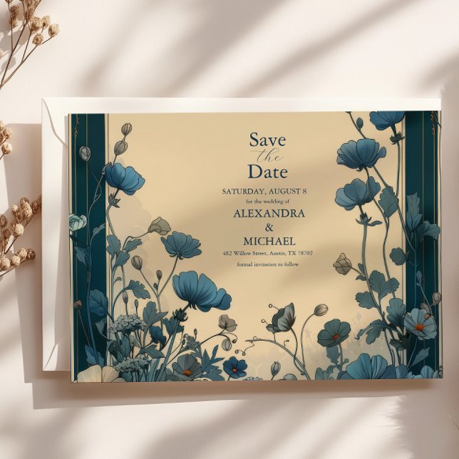 Navy Blue Art Nouveau Wedding Save The Date (Von Creator hochgeladen)