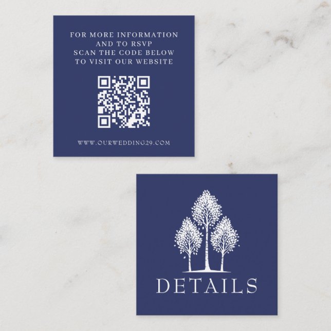 Navy Blue Aspen Tree Wedding QR Begleitkarte (Vorne/Hinten)