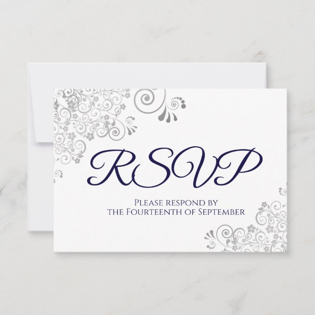 Navy Blue auf White Elegant Silver Lace Wedding RSVP Karte (Vorderseite)