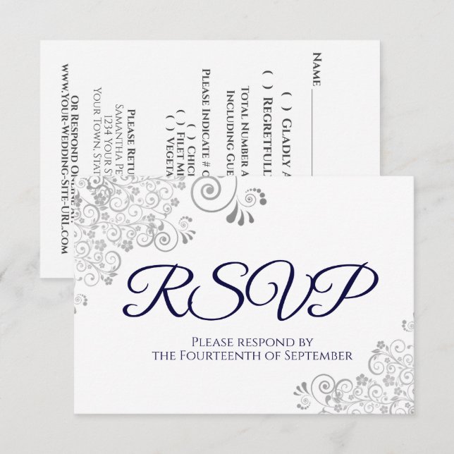 Navy Blue auf White Elegant Silver Lace Wedding RSVP Karte (Vorne/Hinten)