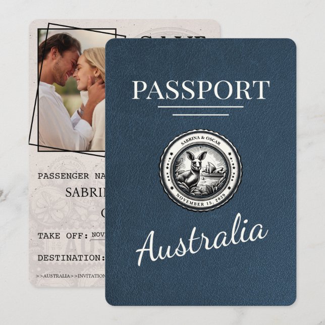 Navy Blue Australia Pass Save the Date (Vorne/Hinten)