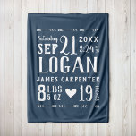 Navy Blue Baby Boy Birth Stats Keepake Fleecedecke<br><div class="desc">Moderne rustikale Fleece Babydecke personalisiert mit dem Namen Ihres Babys, Geburtstag, Geburtsdaten oder anderen Sondertexten. Klicken Sie auf die Schaltfläche Anpassen Es, um eine beliebige Hintergrundfarbe auszuwählen, Schriftart anzupassen, Ihren eigenen Text und Ihre eigenen Fotos hinzuzufügen, um Ihr eigenes einzigartiges Design zu erstellen! Ein wunderbares Geschenk für neue Eltern oder...</div>