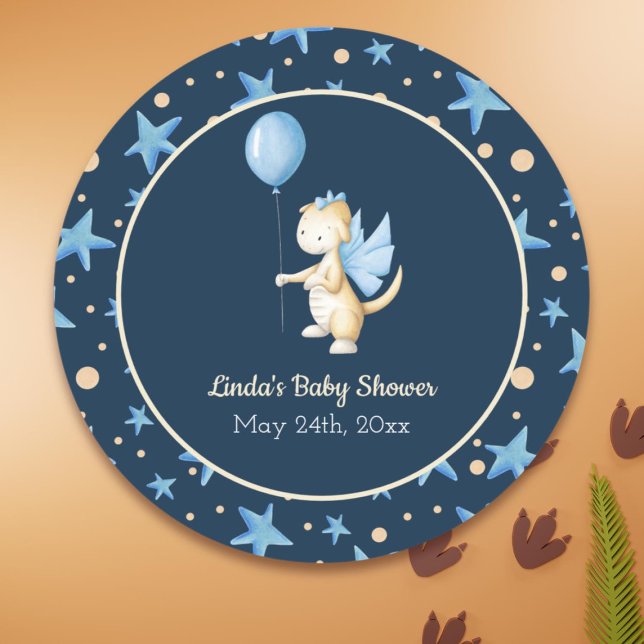Navy Blue Baby Dragon mit Balloon Baby Dusche Runder Aufkleber (Von Creator hochgeladen)