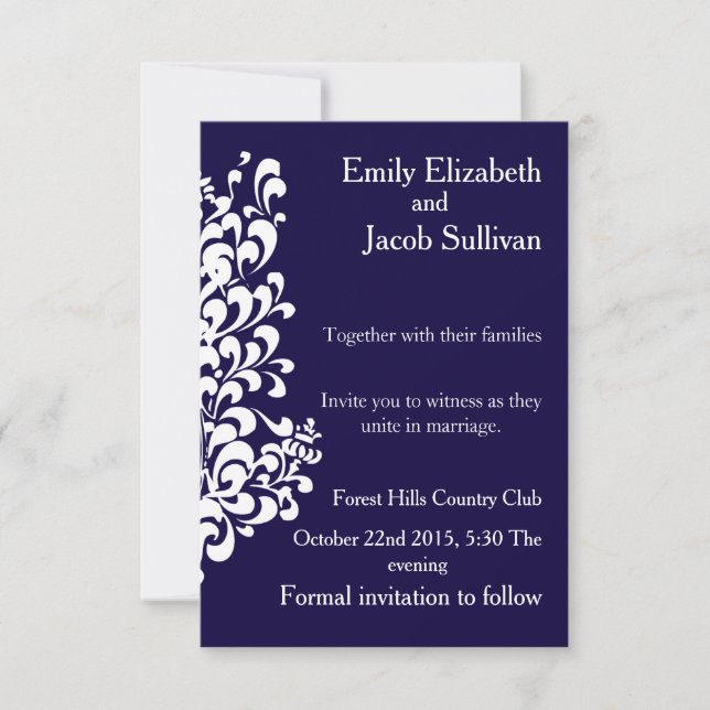Navy Blue Background mit Swirl Modern Elegante Save The Date (Vorderseite)
