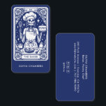 Navy Blue Baker Tarot Skeleton Pastry Chef  Visitenkarte<br><div class="desc">Designed for bakers, pastry chefs, and dessert caterers with a love for bold, edgy style, this unique business card features a tarot inspired skeleton chef baker illustration in navy blue and white. Mystical floral and celestial elements give it a distinctive edge while keeping your profession front and center. Ideal for...</div>