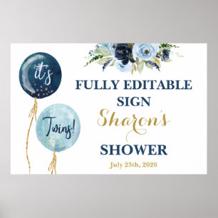 Navy Blue Ballons Babydusche Zwei Jungs Zeichen Poster