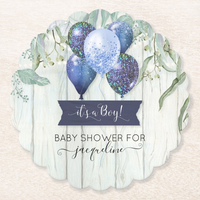 Navy Blue Balloon Wood Rustic Baby Boy Dusche Untersetzer (Vorderseite)