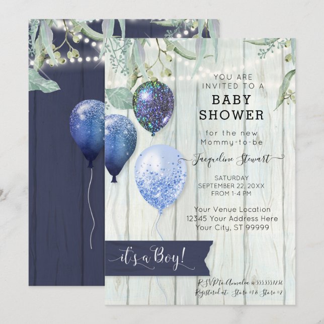 Navy Blue Balloons Rustic Wood Boy Baby Dusche Einladung (Vorne/Hinten)