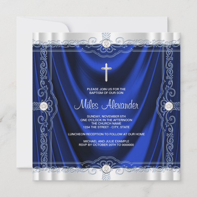 Navy Blue Baptisse Christening Royal Blue Satin Einladung (Vorderseite)
