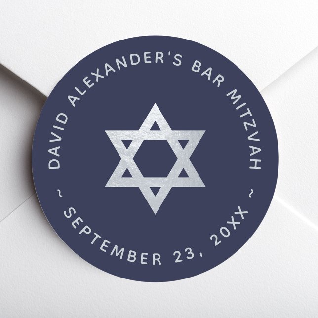 Navy Blue Bar Mitzvah - Faux Silber Davidstern Runder Aufkleber (Von Creator hochgeladen)