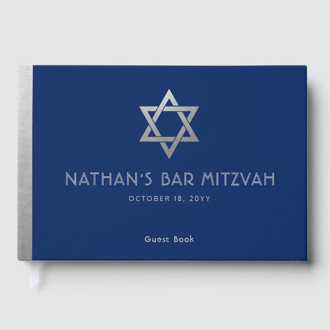 Navy Blue Bar Mitzvah Silver Star von David Custom Gästebuch (Vorderseite)