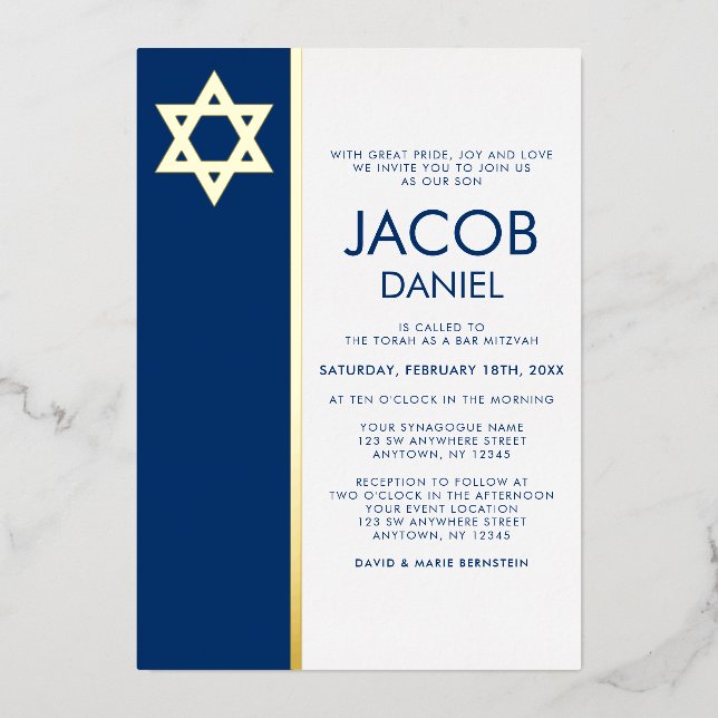 Navy Blue Bar Mitzvah Star von David Gold Folieneinladung (Vorderseite)