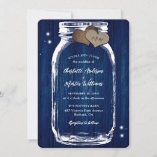 Navy Blue Barn Wood Mason Jar Wedding Einladung