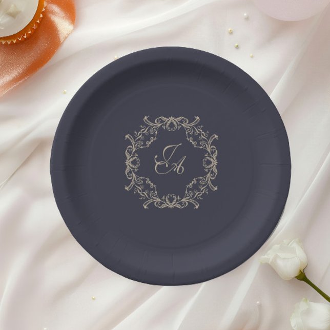 Navy Blue Barock-Monogramm-Hochzeitspapierteller Pappteller (Von Creator hochgeladen)