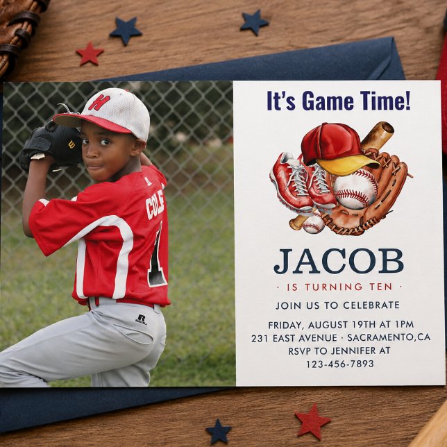 Navy Blue Baseball Kindergeburtstag Party Einladung (Navy Blue Baseball Kids Birthday Party Watercolor Invitation)