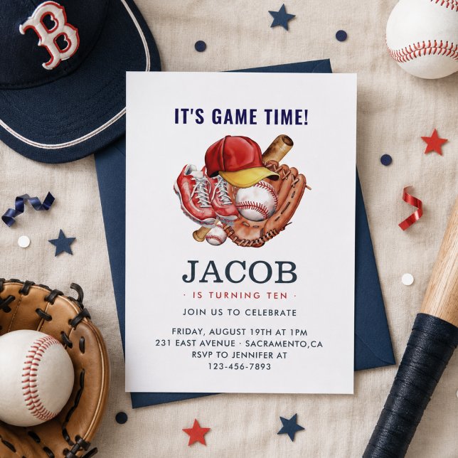 Navy Blue Baseball Kindergeburtstag Party Einladung (Navy Blue Baseball Kids Birthday Party Watercolor Invitation)