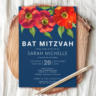Navy Blue Bat Mitzvah Red Watercolor Floral Modern Einladung