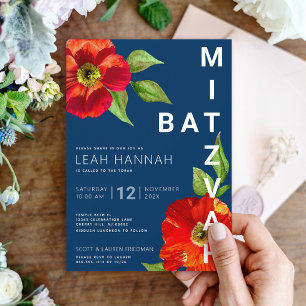 Navy Blue Bat Mitzvah Rote Flora Moderne Wasserfar Einladung