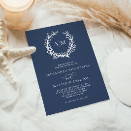 Navy Blue Beach Monogram Minimal Wedding Einladung